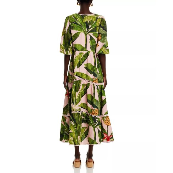 285$ Farm Rio Banana Leaves Tiered A-Line Midi Dress Size M Pink Green - Picture 4 of 5